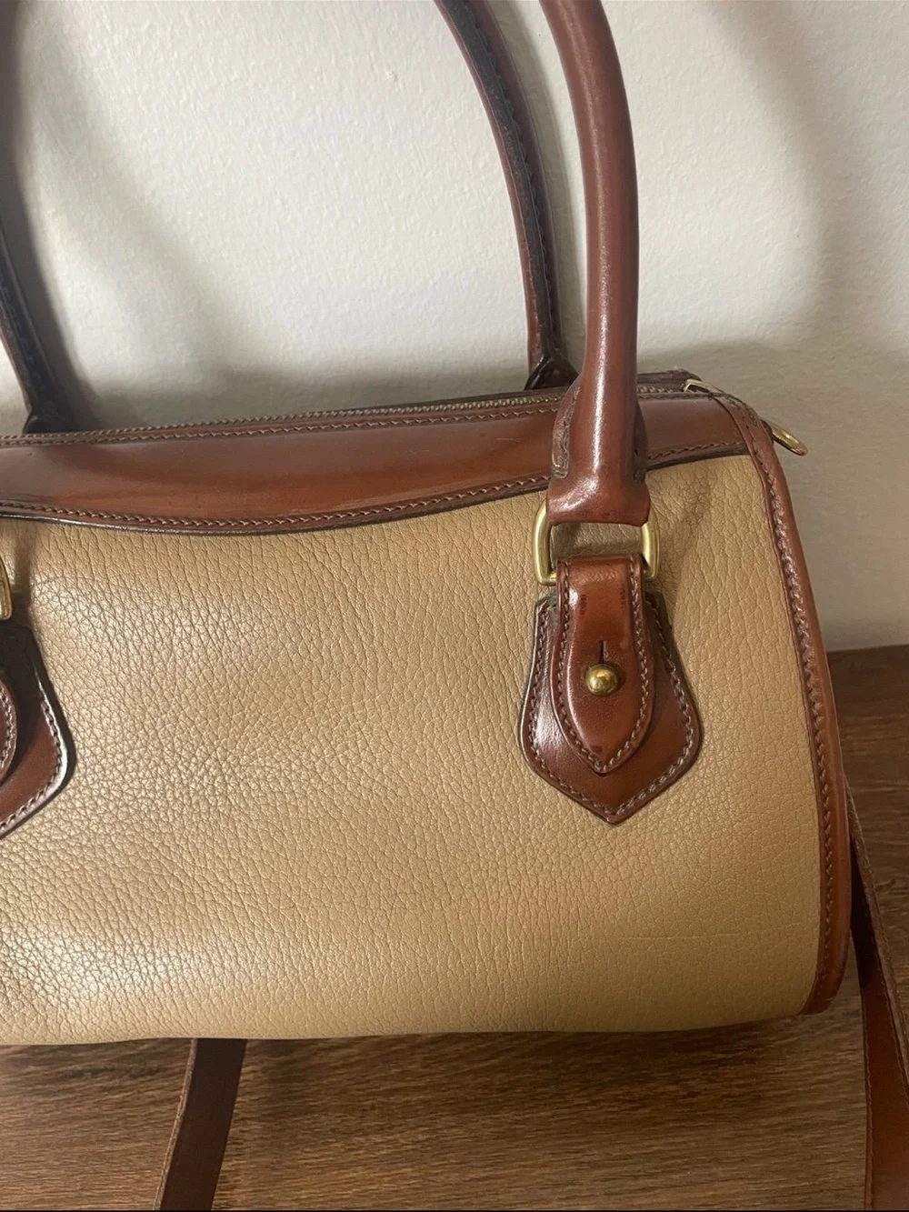 Dooney & Bourke Beige and Brown Leather Trim Cassini Satchel